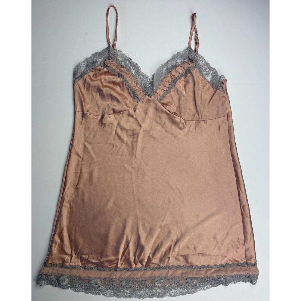 Victoria's Secret Rose Gold Satin Slip Gray Lace Trim Size L